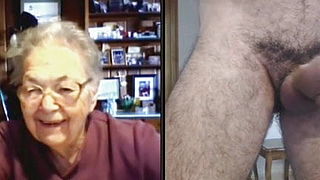 Guy jerks off big and fat dick for granny on webcam